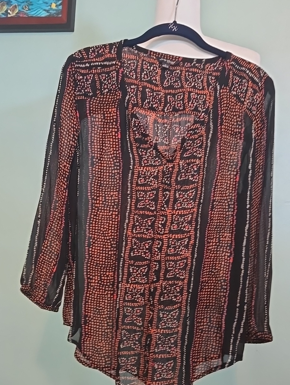 Lucky Brand Black Blouse with Coral Pattern